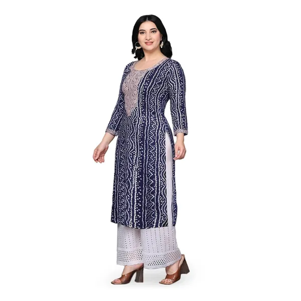 Navy_Blue_Ethnic_Designer_Rayon_Bandhani_Printed_With_Zari_Work_Straight_Fit_A-Line_Long_Kurta_For_Women