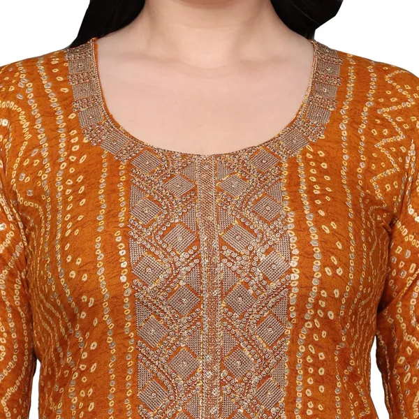 Orange_Ethnic_Designer_Rayon_Bandhani_Printed_With_Zari_Work_Straight_Fit_A-Line_Long_Kurta_For_Women