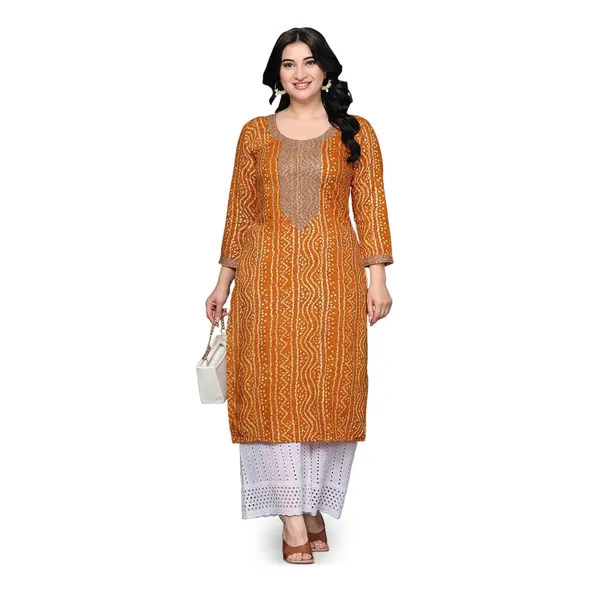 Orange_Ethnic_Designer_Rayon_Bandhani_Printed_With_Zari_Work_Straight_Fit_A-Line_Long_Kurta_For_Women