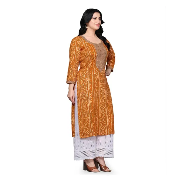 Orange_Ethnic_Designer_Rayon_Bandhani_Printed_With_Zari_Work_Straight_Fit_A-Line_Long_Kurta_For_Women