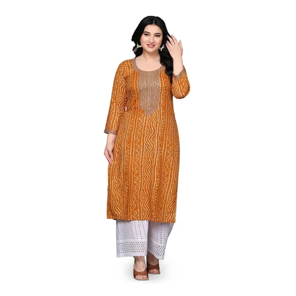 Orange_Ethnic_Designer_Rayon_Bandhani_Printed_With_Zari_Work_Straight_Fit_A-Line_Long_Kurta_For_Women