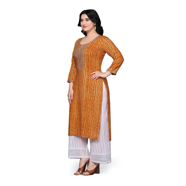 Orange_Ethnic_Designer_Rayon_Bandhani_Printed_With_Zari_Work_Straight_Fit_A-Line_Long_Kurta_For_Women