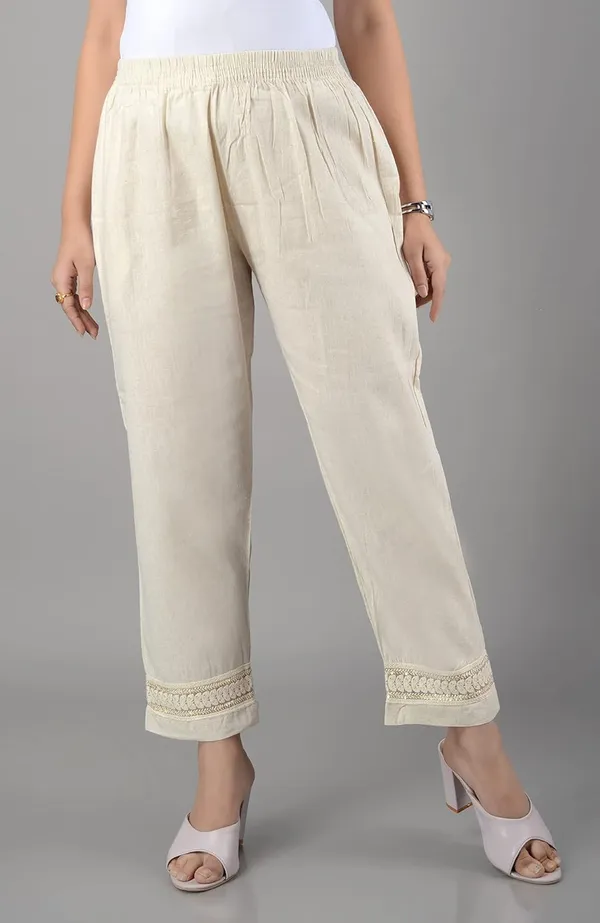 Cream_Lucknowi_Chikankari_Ankle_Length_Rayon_Pant/Palazzo/Trouser_In_Cream_Color_For_Women
