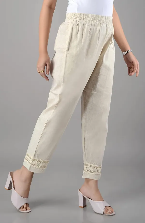 Cream_Lucknowi_Chikankari_Ankle_Length_Rayon_Pant/Palazzo/Trouser_In_Cream_Color_For_Women