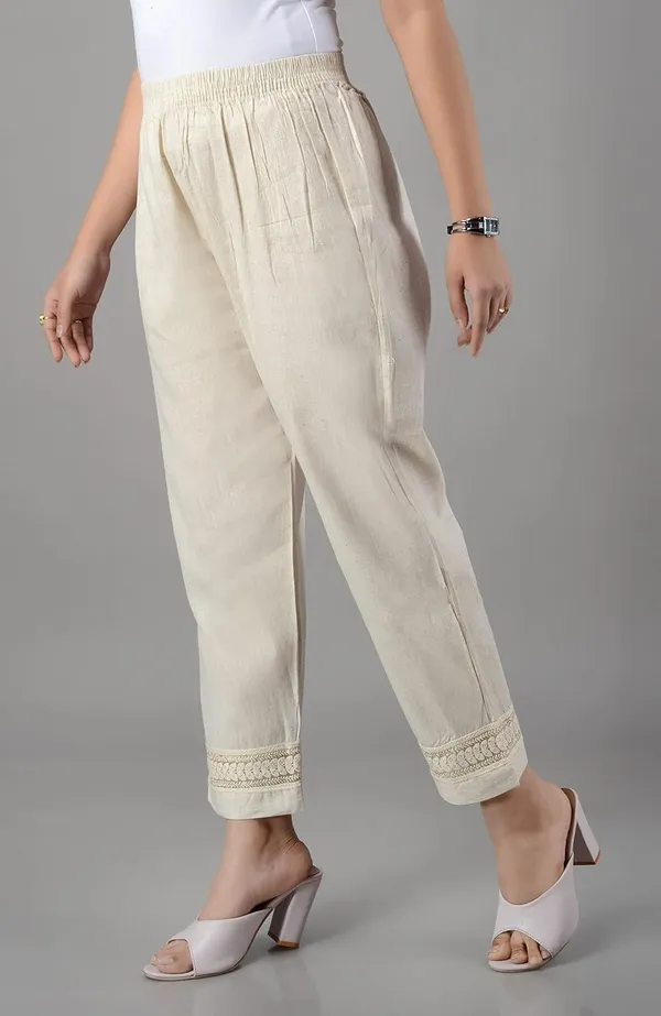 Cream_Lucknowi_Chikankari_Ankle_Length_Rayon_Pant/Palazzo/Trouser_In_Cream_Color_For_Women