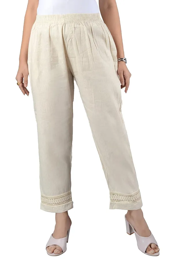 Cream_Lucknowi_Chikankari_Ankle_Length_Rayon_Pant/Palazzo/Trouser_In_Cream_Color_For_Women