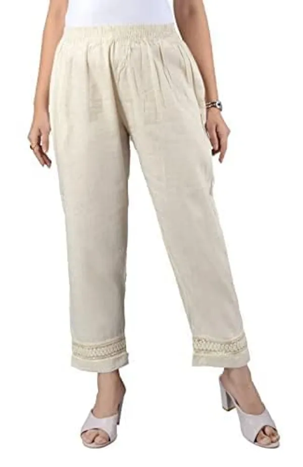 Cream_Lucknowi_Chikankari_Ankle_Length_Rayon_Pant/Palazzo/Trouser_In_Cream_Color_For_Women