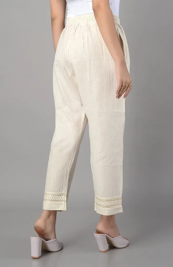 Cream_Lucknowi_Chikankari_Ankle_Length_Rayon_Pant/Palazzo/Trouser_In_Cream_Color_For_Women