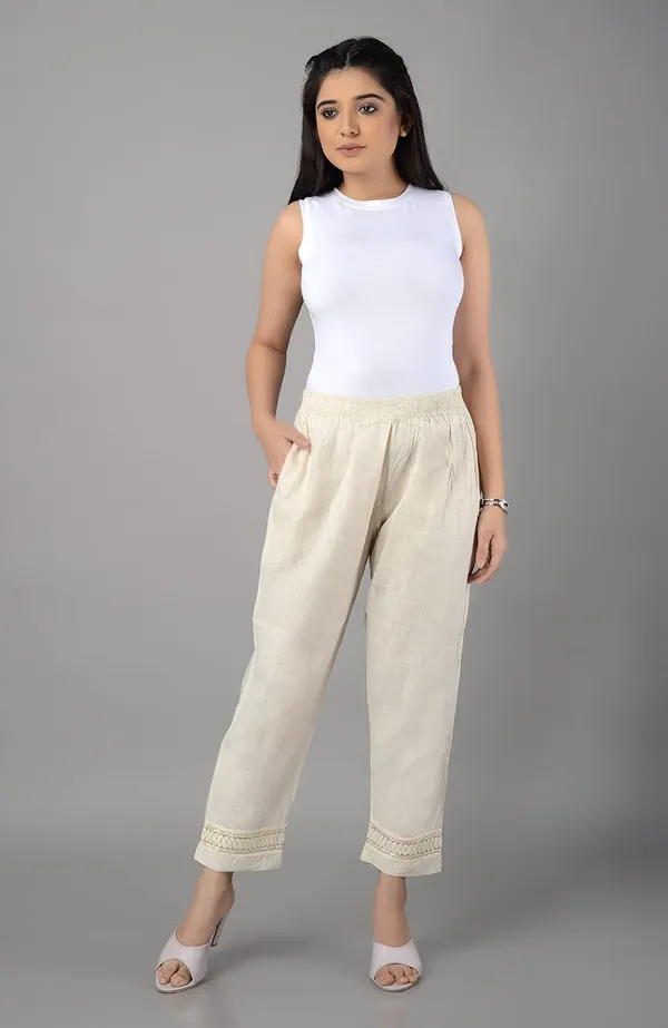 Cream_Lucknowi_Chikankari_Ankle_Length_Rayon_Pant/Palazzo/Trouser_In_Cream_Color_For_Women