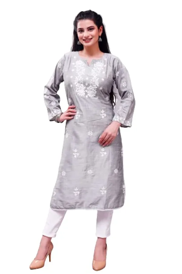 Grey_Embroidered_Lucknowi_Chikankari_Straight_Kurta_For_Women