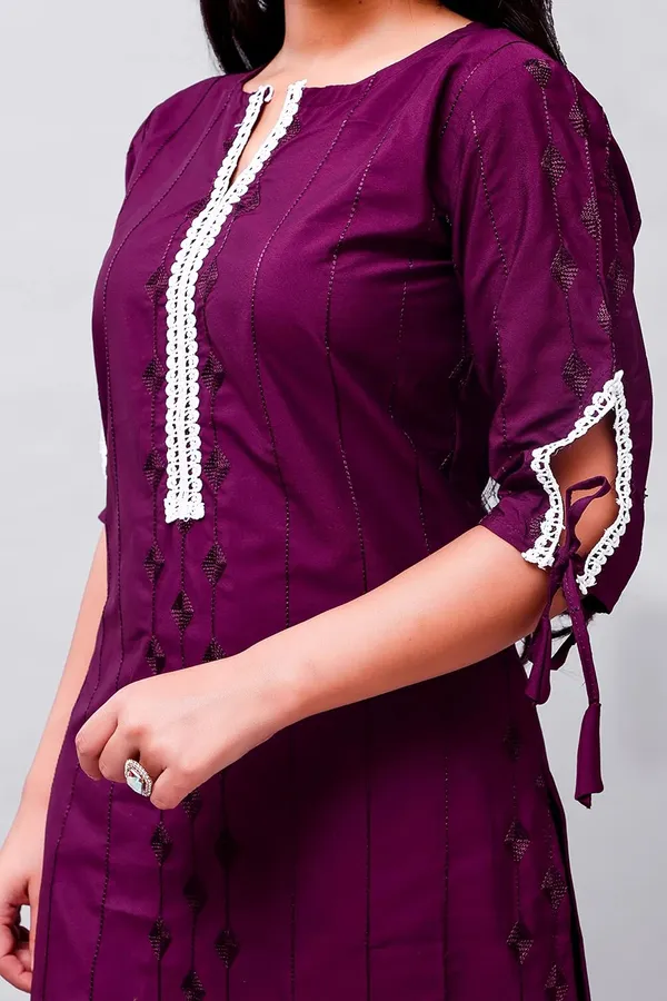 Wine_Solid_&_Embroidered_Straight_Kurta_With_Pant_Regular_Wear_For_Women