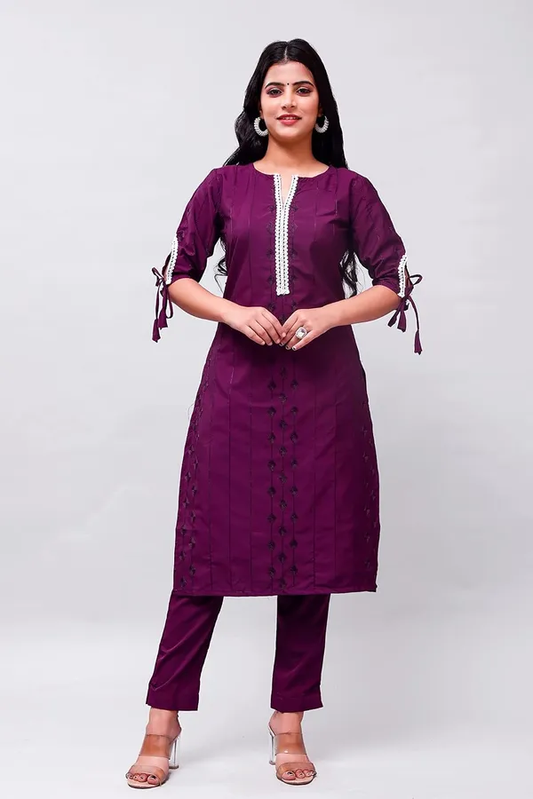 Wine_Solid_&_Embroidered_Straight_Kurta_With_Pant_Regular_Wear_For_Women