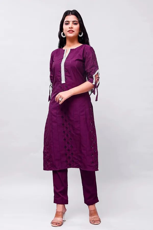 Wine_Solid_&_Embroidered_Straight_Kurta_With_Pant_Regular_Wear_For_Women