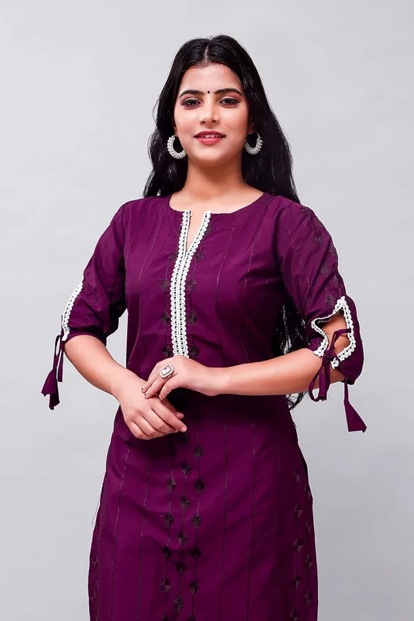 Wine_Solid_&_Embroidered_Straight_Kurta_With_Pant_Regular_Wear_For_Women
