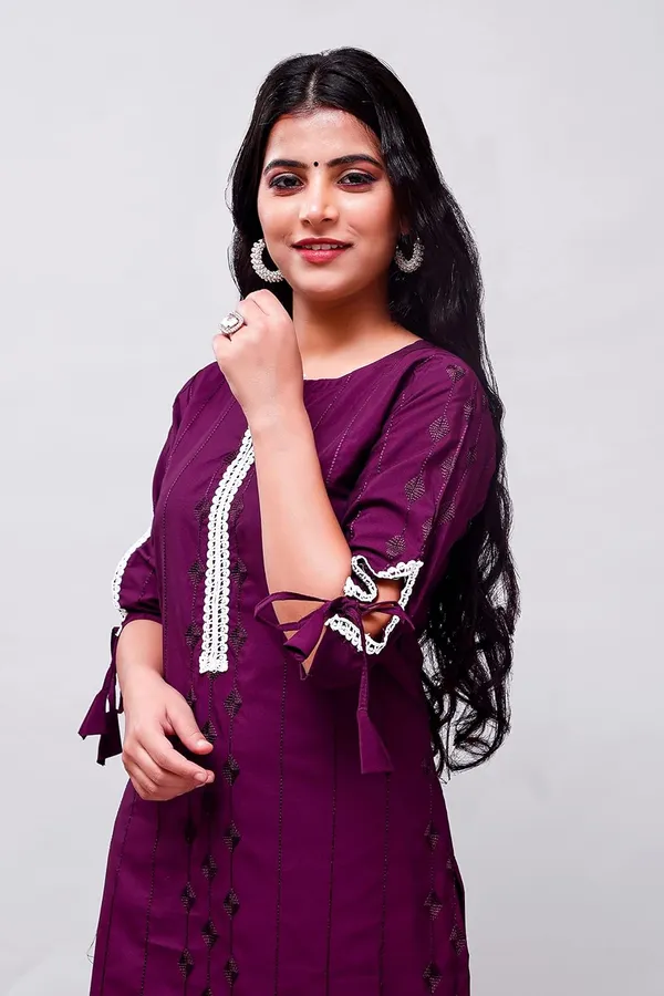 Wine_Solid_&_Embroidered_Straight_Kurta_With_Pant_Regular_Wear_For_Women