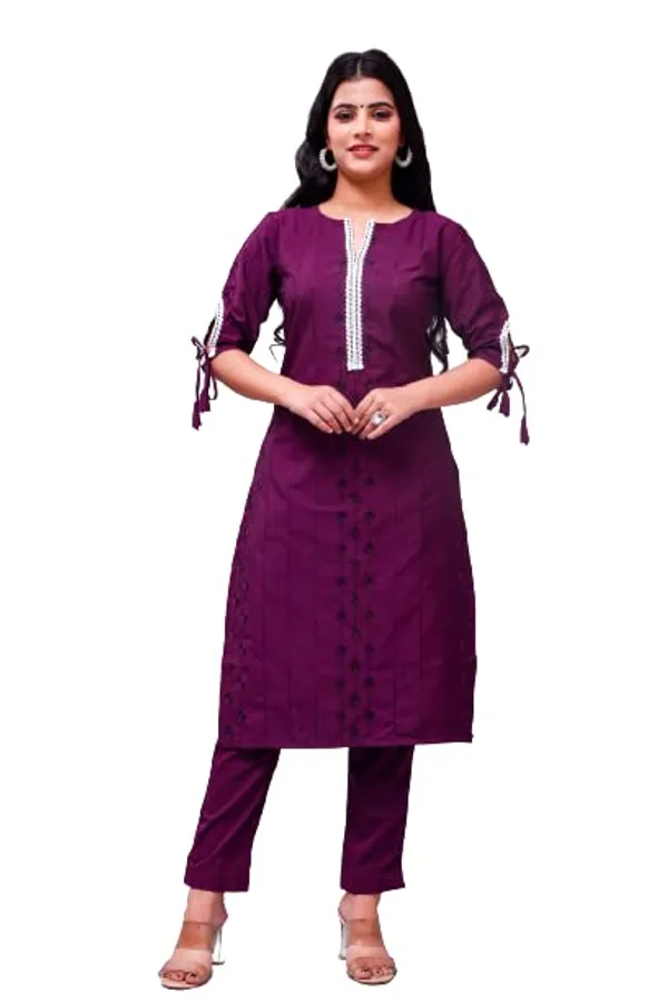 Wine_Solid_&_Embroidered_Straight_Kurta_With_Pant_Regular_Wear_For_Women