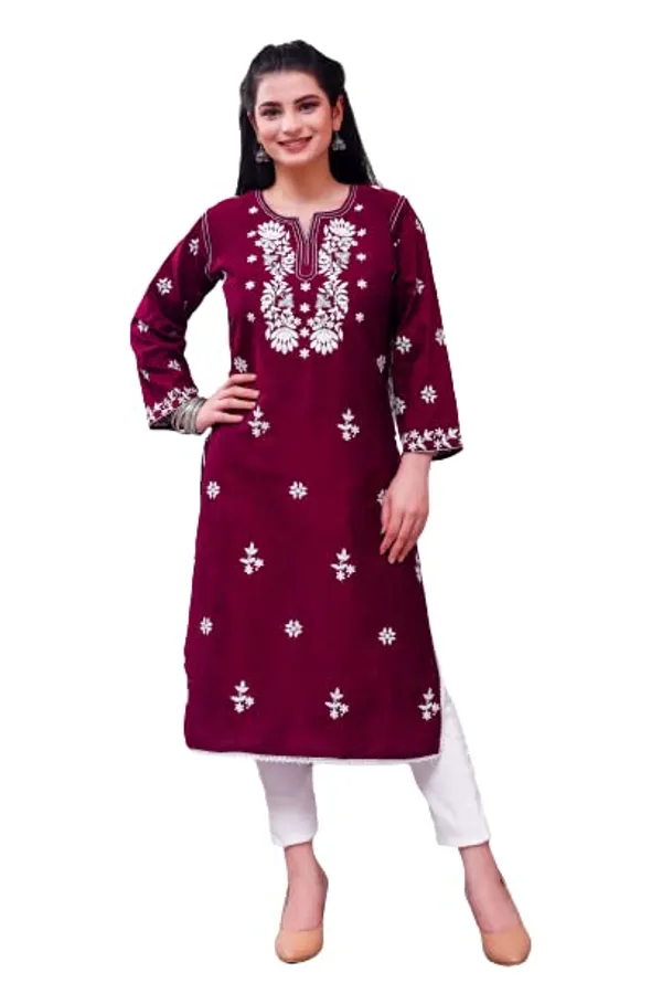 Wine_Embroidered_Lucknowi_Chikankari_Straight_Kurta_For_Women