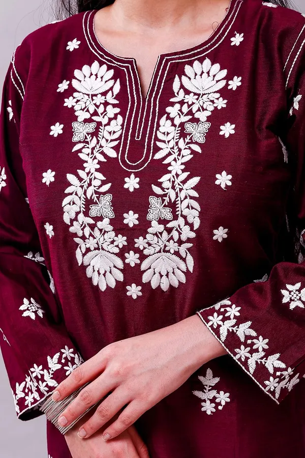 Wine_Embroidered_Lucknowi_Chikankari_Straight_Kurta_For_Women