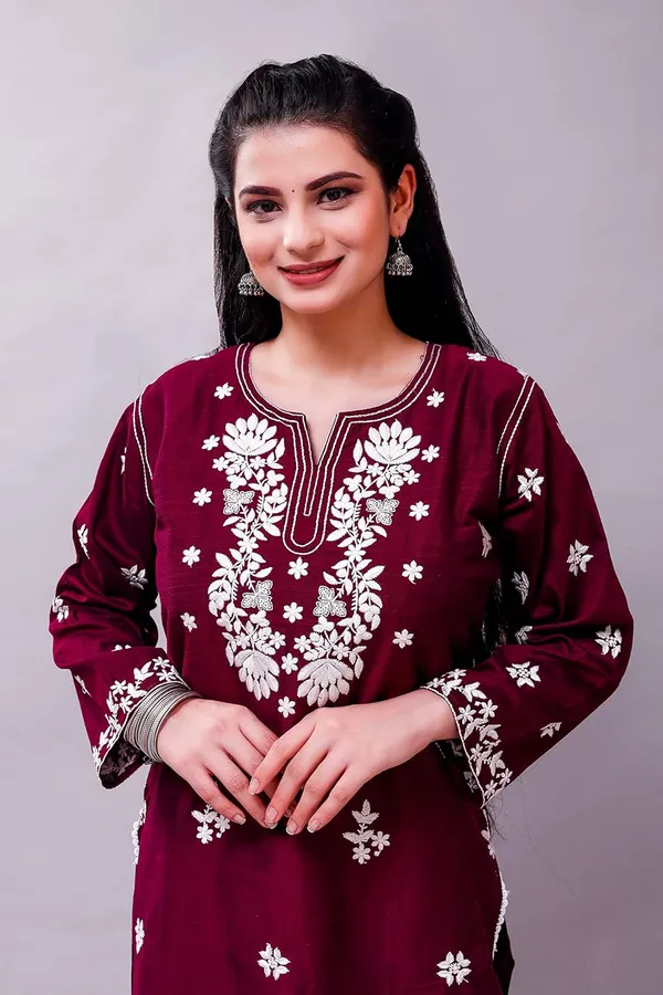 Wine_Embroidered_Lucknowi_Chikankari_Straight_Kurta_For_Women