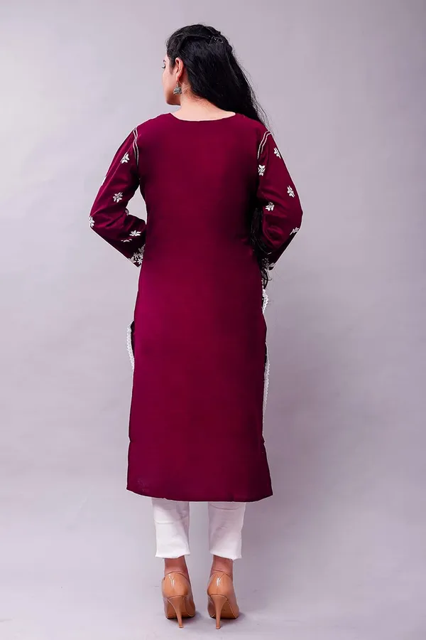 Wine_Embroidered_Lucknowi_Chikankari_Straight_Kurta_For_Women