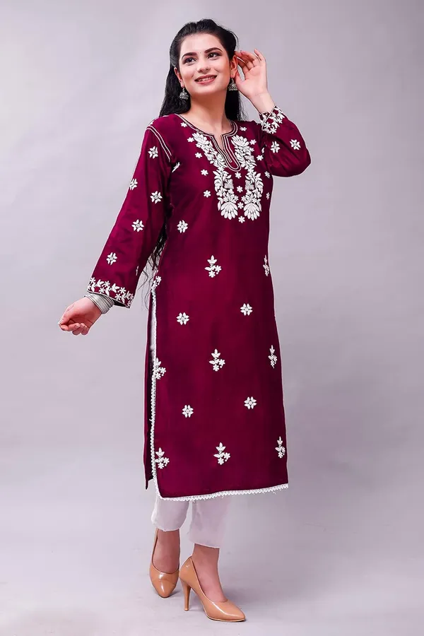 Wine_Embroidered_Lucknowi_Chikankari_Straight_Kurta_For_Women
