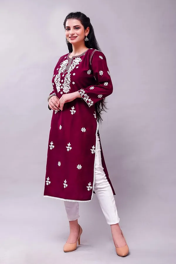 Wine_Embroidered_Lucknowi_Chikankari_Straight_Kurta_For_Women