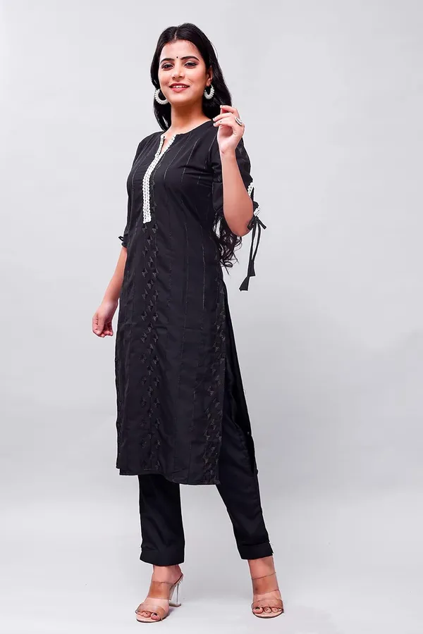 Black_Solid_&_Embroidered_Straight_Kurta_With_Pant_Regular_Wear_For_Women