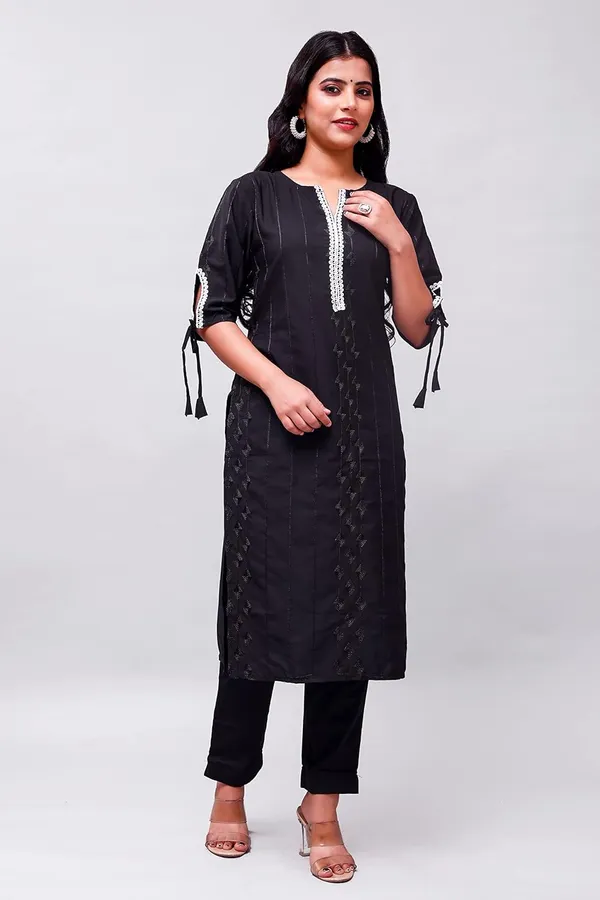 Black_Solid_&_Embroidered_Straight_Kurta_With_Pant_Regular_Wear_For_Women