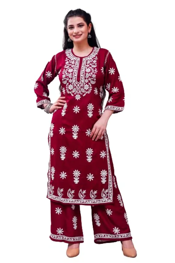 Wine_Chikankari_Embroidered_Kurta_&_Palazzo_Set_For_Women