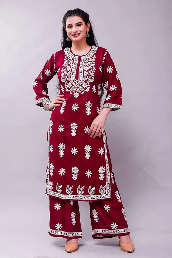 Wine_Chikankari_Embroidered_Kurta_&_Palazzo_Set_For_Women