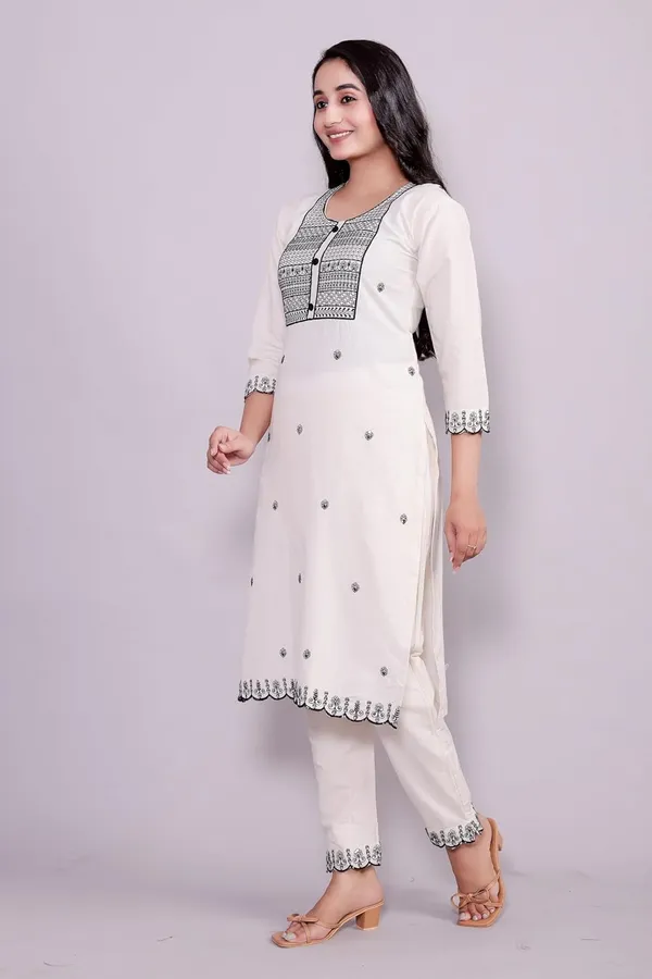 Cream_Traditional_Attire_Indian_Ethnic_Casual_Cotton_Embroidered_Kurti_Pant_Set_With_Dupatta_For_Women
