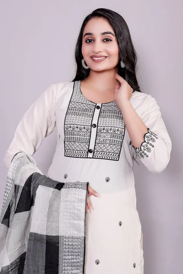 Cream_Traditional_Attire_Indian_Ethnic_Casual_Cotton_Embroidered_Kurti_Pant_Set_With_Dupatta_For_Women