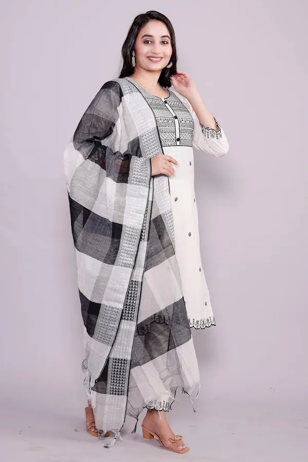 Cream_Traditional_Attire_Indian_Ethnic_Casual_Cotton_Embroidered_Kurti_Pant_Set_With_Dupatta_For_Women