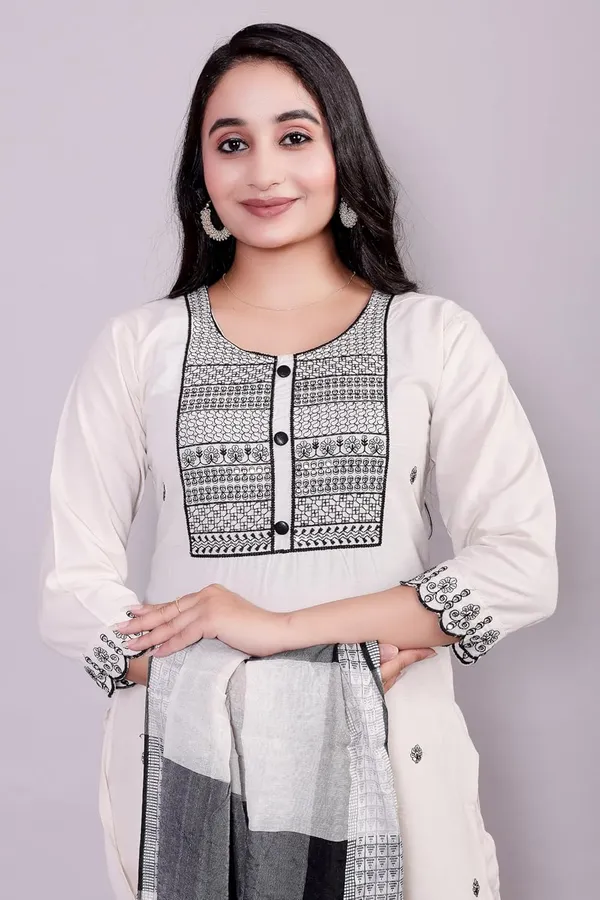 Cream_Traditional_Attire_Indian_Ethnic_Casual_Cotton_Embroidered_Kurti_Pant_Set_With_Dupatta_For_Women