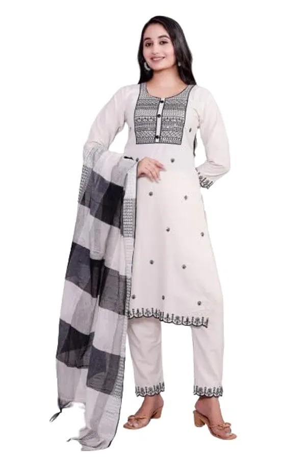 Cream_Traditional_Attire_Indian_Ethnic_Casual_Cotton_Embroidered_Kurti_Pant_Set_With_Dupatta_For_Women