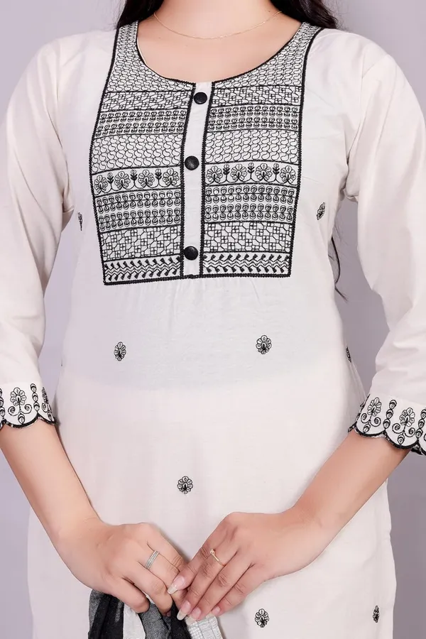 Cream_Traditional_Attire_Indian_Ethnic_Casual_Cotton_Embroidered_Kurti_Pant_Set_With_Dupatta_For_Women