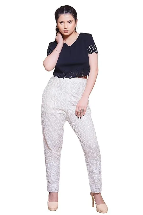 Cream_Cream_Rayon_Fabric_Chikan_Embroidered_Palazzo_Pants_With_Elastic_Waist_&_Casual_Wear_For_Women