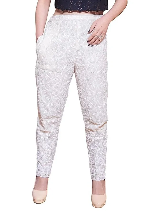 Cream_Cream_Rayon_Fabric_Chikan_Embroidered_Palazzo_Pants_With_Elastic_Waist_&_Casual_Wear_For_Women