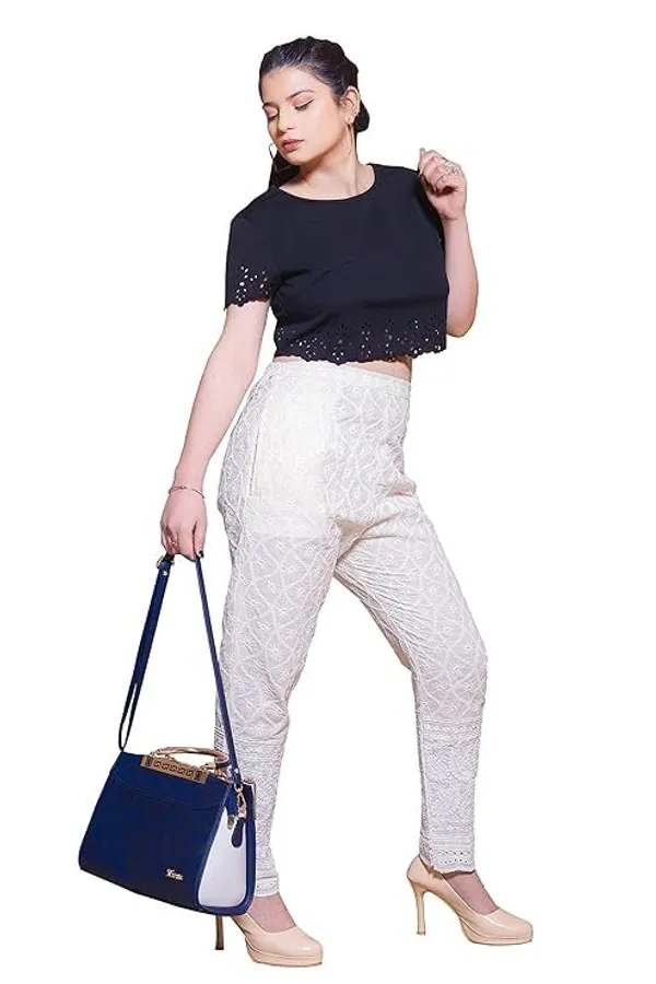 Cream_Cream_Rayon_Fabric_Chikan_Embroidered_Palazzo_Pants_With_Elastic_Waist_&_Casual_Wear_For_Women