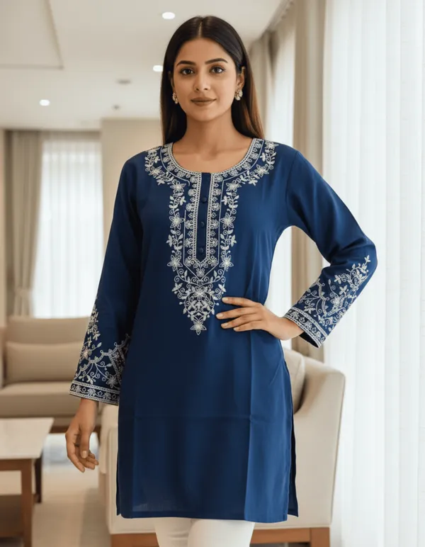 Blue_Elegant_Handwork_Soft_Rayon_Premium_Chikankari_Embroidered_Kurti_For_Women