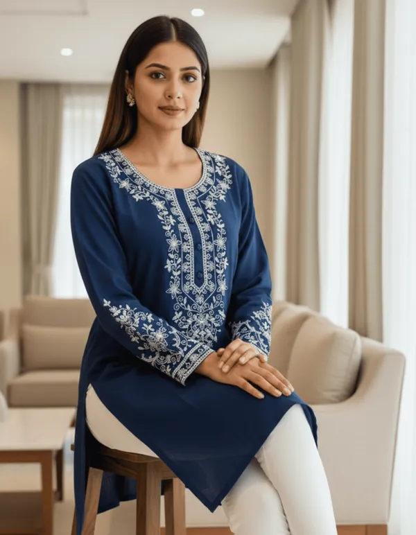 Blue_Elegant_Handwork_Soft_Rayon_Premium_Chikankari_Embroidered_Kurti_For_Women
