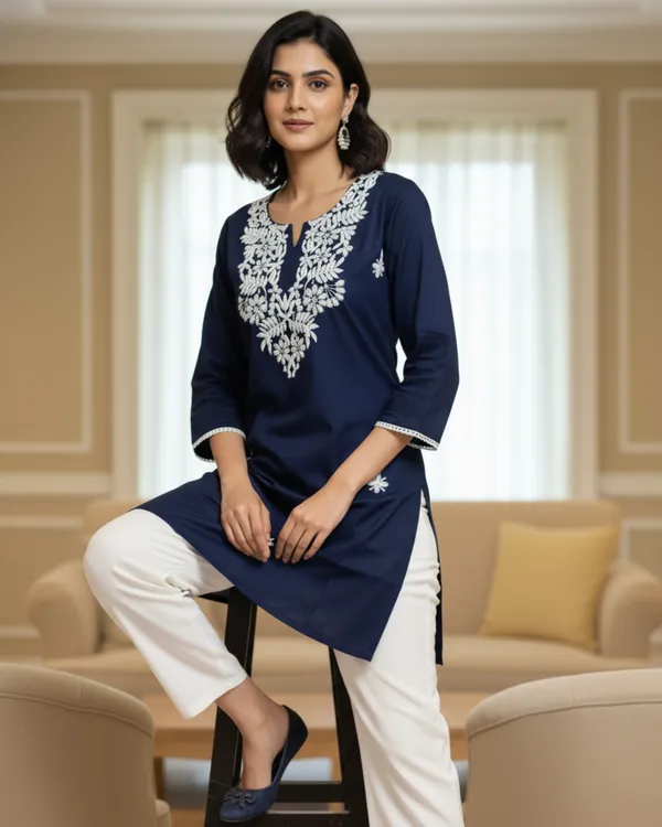 Elegantly_crafted_rayon_chikankari_short_kurti_featuring_intricate_white_embroidery