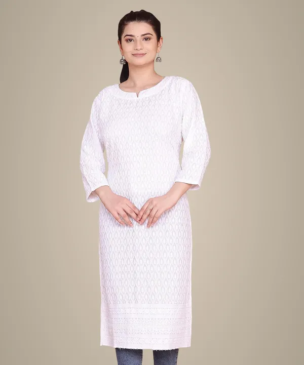 White_Mandarin_Neck_3/4Th_Sleeves_Rayon_Lucknowi_Chikankari_Kurti_For_Women