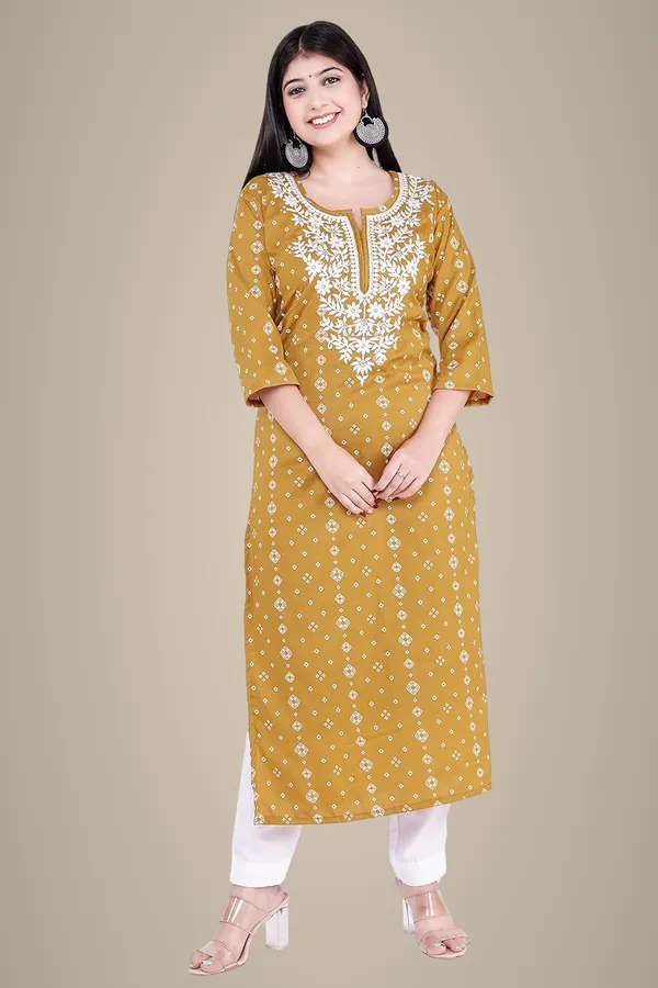 Mustard_3/4Th_Sleeves_V-Neck_Jacquard_New_Embroidery_Work_Round_Neck_Kurti_For_Women