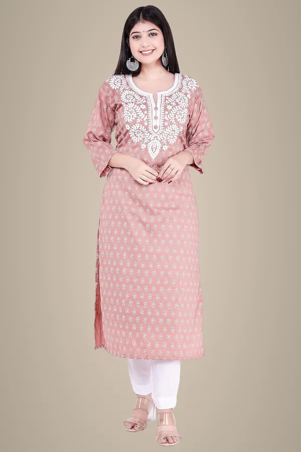 Peach_3/4Th_Sleeves_V-Neck_Jacquard_New_Embroidery_Work_Round_Neck_Kurti_For_Women