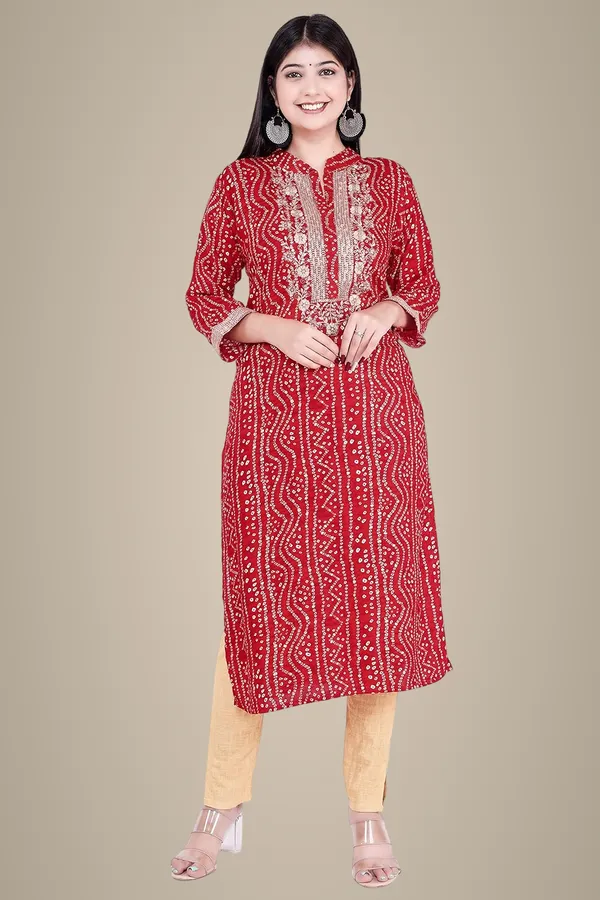 Red_3/4Th_Sleeves_Rayon_Mandarin_Neck_Embroidery_&_Sequin_Work_With_Bandhni_Design_Kurti_For_Women