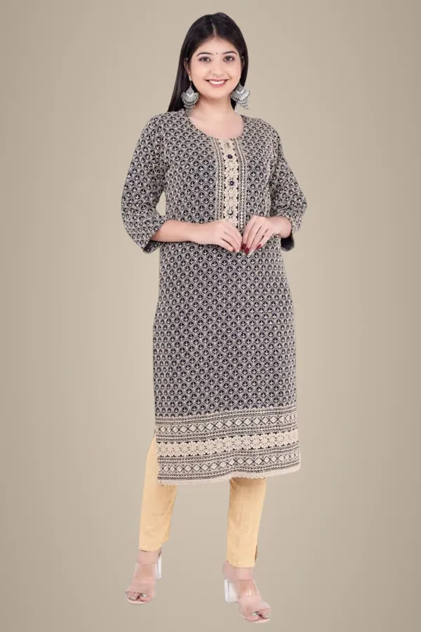 Navy_Blue_Trendy_3/4_Sleeve_Casual_V-_Neck_Rayon_Ethnic_Wear_Lucknowi_Chikankari_Kurti/Kurti_For_Women