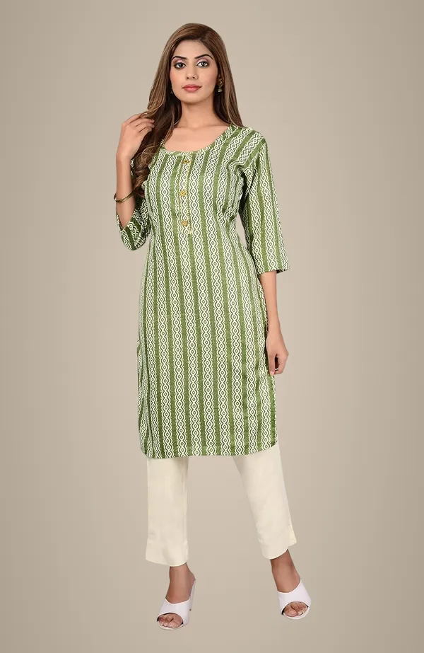 Green_Trendy_Cotton_Printed_3/4_Sleeve_Ethnic_Wear_Round_Neck_Casual_Straight_Kurta/Kurti_For_Women