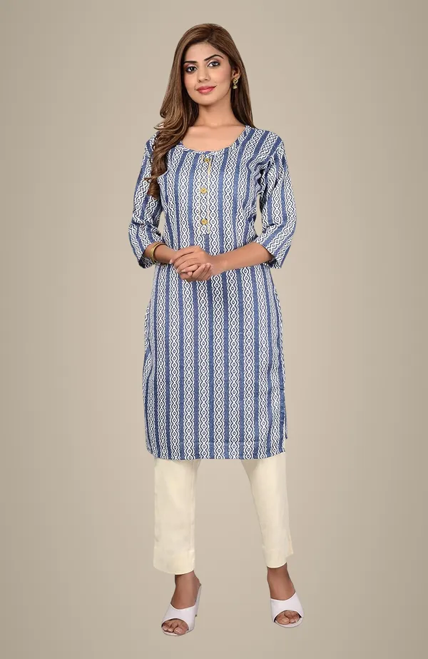 Blue_Trendy_Cotton_Printed_3/4_Sleeve_Ethnic_Wear_Round_Neck_Casual_Straight_Kurta/Kurti_For_Women
