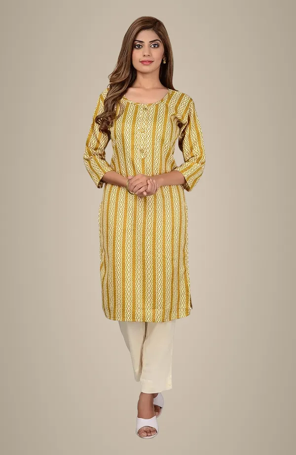 Yellow_Trendy_Cotton_Printed_3/4_Sleeve_Ethnic_Wear_Round_Neck_Casual_Straight_Kurta/Kurti_For_Women